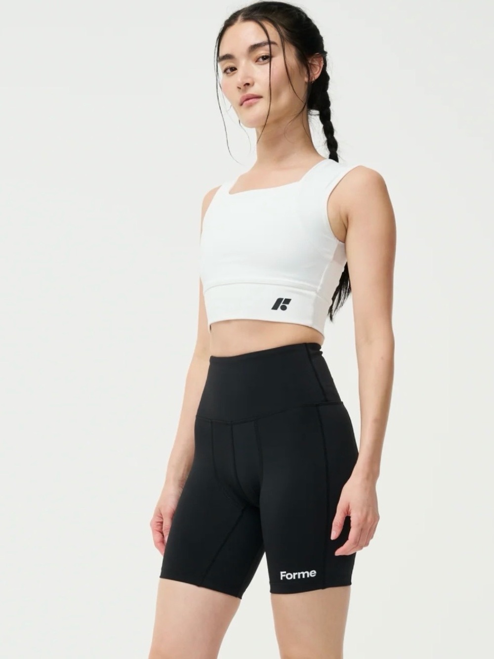 Square Neck White Crop Sports Bra with Black Logo - Picture 3 of 6